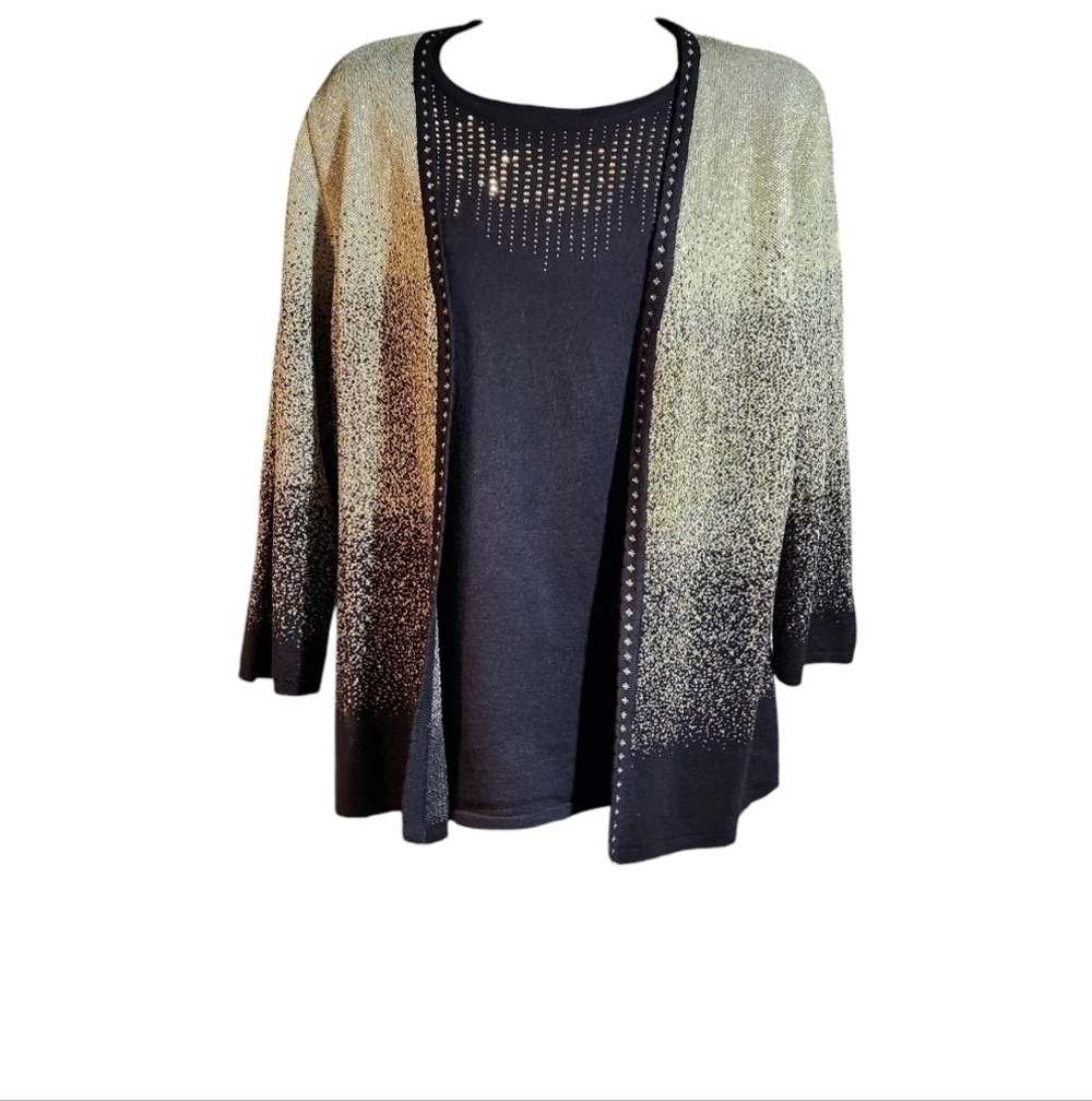 Alfred Dunner Women's Cardigan Sweater Sparkly Rhinestone ¾ Length Sleeve Size S